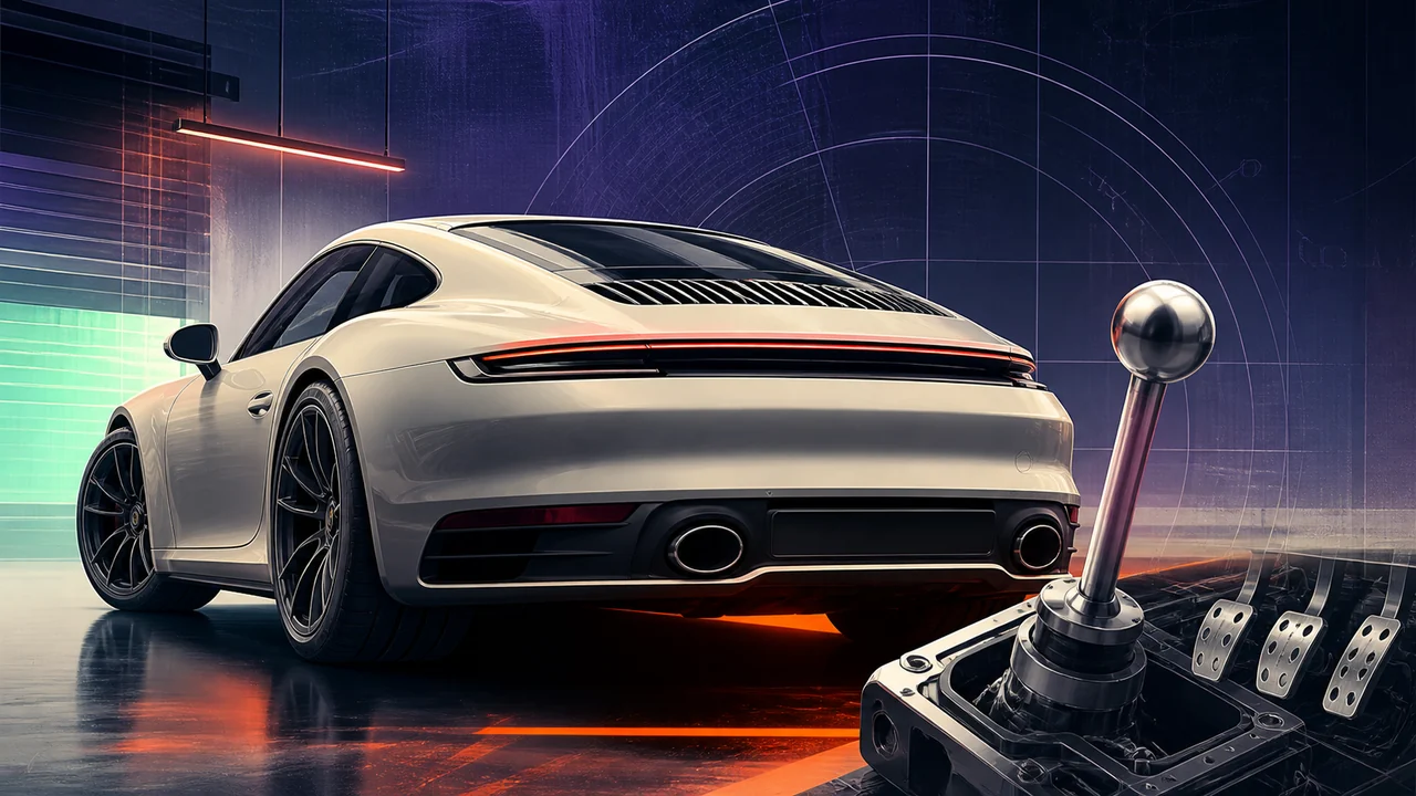 Editorial illustration of an unbranded rear-engine sports coupe beside a manual shifter and three pedals.
