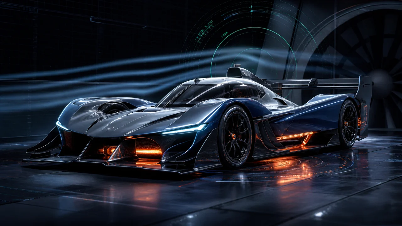 Editorial illustration of an unbranded endurance-racing-inspired hybrid track concept in a wind tunnel.