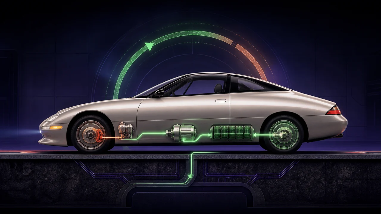 Editorial illustration of an unbranded streamlined 1990s electric coupe with a conceptual regenerative-braking energy loop.