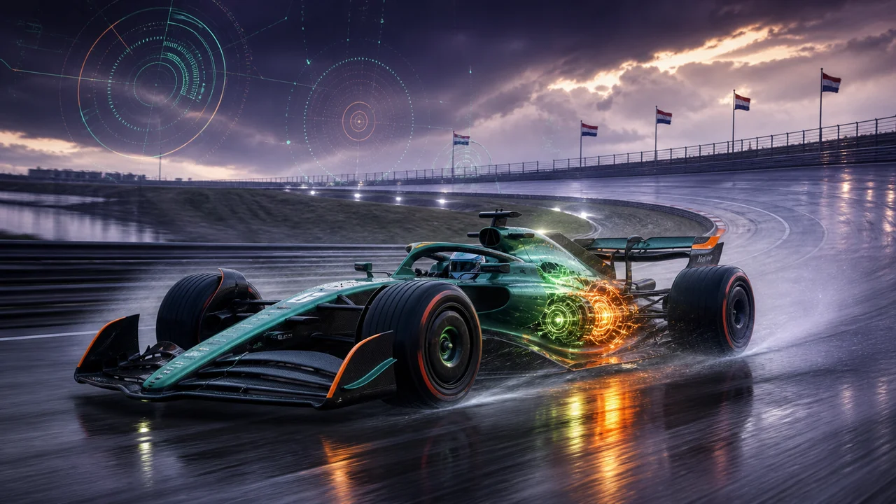 Editorial illustration of an unbranded hybrid Formula racing car accelerating on a wet banked circuit.